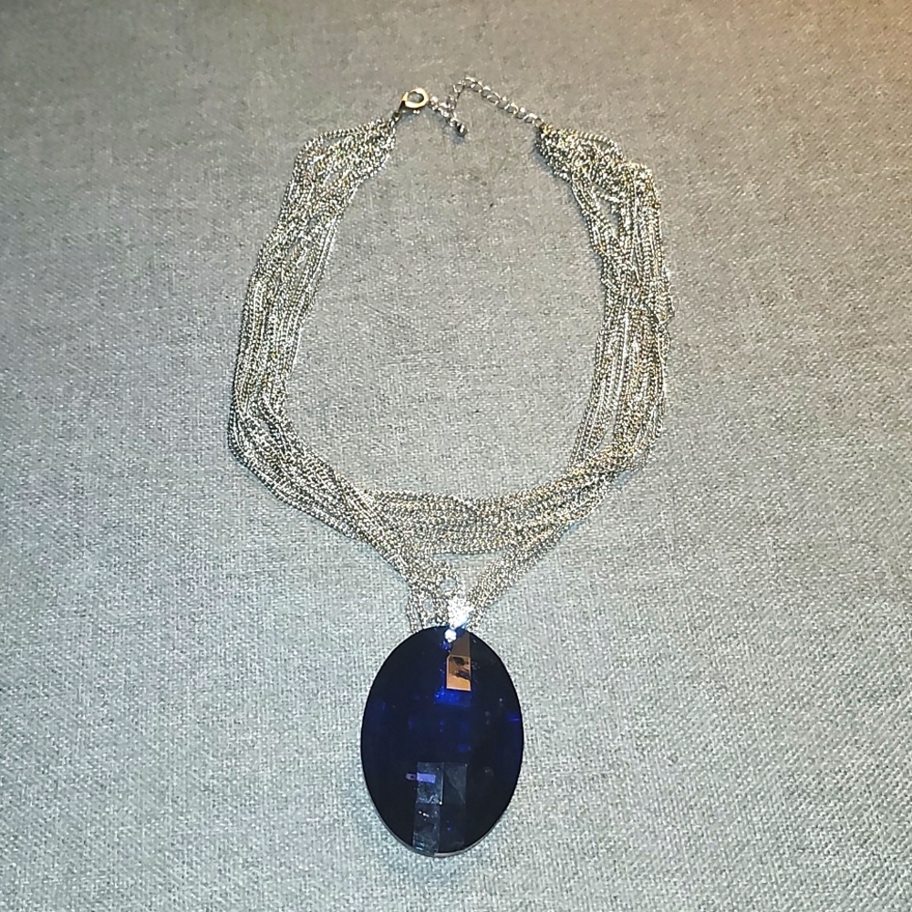 Large Blue Gem Sapphire Look Necklace, Silver and Blue